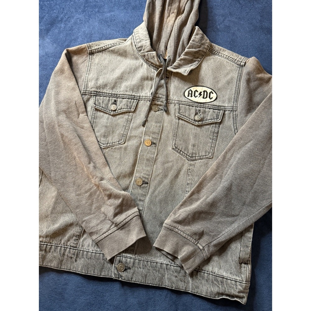 AC/DC Denim Hooded Jacket Mens Size M Faded Gray Distressed Official Band